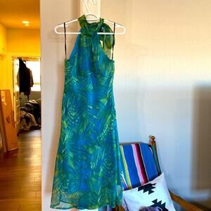 Rampage Y2K halter green blue tropical print side zip midi dress summer vacation